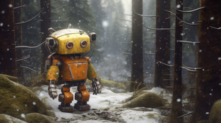 orange robot stands in a snowy forest, surrounded by trees and snow-covered ground. the robot's design is inspired by bill gekas and ian mcque, with realistic yet stylized features. the image is captured in 32k uhd, showcasing the intricate details and realistic textures of the robot. the color scheme is reminiscent of wojciech siudmak's dark silver and yellow tones. ai generatedの素材