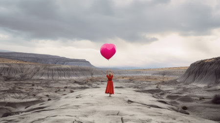 a woman stands in the desert, clutching a pink balloon. this atmospheric and moody landscape blends humor with heart, creating a conceptual installation art piece. the gray and crimson tones evoke iconic rock and roll imagery, while the sensitivity to the natural world creates a romantic and dramatic landscape. ai generatedの素材