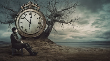old man sitting on lawn with clock and tree. muted tones, surrealism, surreal seascapes, dark and moody landscapes, digitally manipulated images, romantic depictions of historical events. 3840x2160 matte photo. ai generatedの素材