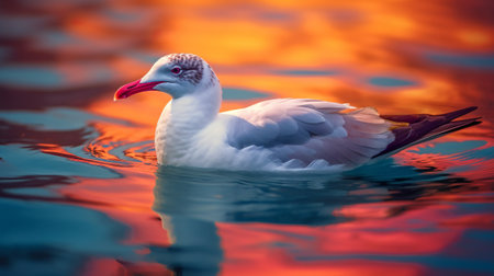 the white bird gracefully swims on the water during sunset, captured in an impressionistic style with vivid and saturated colors. the light red hues add to the beauty of the scene, highlighting the curves of the animal. this stunning photograph won a contest and is a perfect example of wimmelbilder. ai generatedの素材