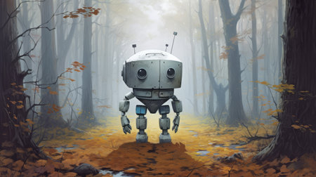 the robot walks through the woods, surrounded by the warm hues of autumn leaves. the realistic landscape is depicted in soft, tonal colors, with a touch of cartoon realism. the characterful animal portraits add to the charm of the scene, while the gray and cyan color scheme gives it a lowbrow, neo-op feel. the modular design of the image adds to its unique and captivatingの素材