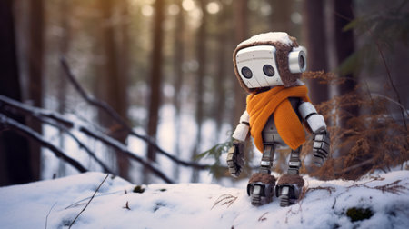 treelike robot with orange scarf standing in the snow, holding a pile of snow under its arm. this high-quality image is available for free download and features earthy tones, plush doll art, and a gray and brown color scheme. shot in the style of zeiss batis 18mm f2.8 and sony fe 85mm f1.4 gm, this image was created using cryengine by anton fadeev. ai generatedの素材