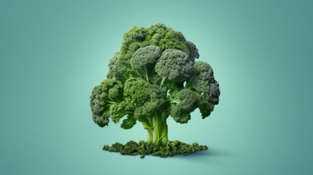 onion bulb and broccoli are captured in a stunning backlit photograph, isolated on a blue background. the detailed foliage of the vegetables is sculpted organically, with rough clusters adding to the photo-realistic techniques used. the style of the image is reminiscent of sketchfab, with environmental portraiture adding to the overall effect. ai generatedの素材