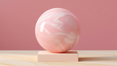 an artificial marble ornament sits atop a rectangular wooden bench in a flat 3d render shot against a pink texture. the style of the image is reminiscent of the lensbaby composer pro ii with edge 50 optic, featuring spherical sculptures and a minimalistic japanese aesthetic. the color palette is a combination of light red and light beige, with hyper-realistic oil and monochromatic graphic design elements.の素材