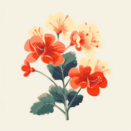 red and yellow flowers with leaves depicted in a charming minimalist brushwork style. the digital painting is inspired by the works of chuah thean teng and features light orange and beige hues with pops of light red and light emerald. the flowers are colorized to add depth and dimension to the illustration. ai generatedの素材