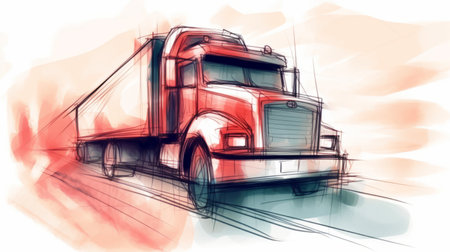 this truck art illustration showcases a dynamic sketching style with dramatic shading and a soft-focus technique. the truck and trailer are depicted on the road in light red and red hues, reminiscent of american scene painting. the high dynamic range adds to the dramatic effect of the image. find more truck art on flickr. ai generatedの素材