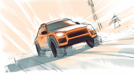 illustration of drm xl dhi road race by brody haynes in the style of light black and orange auto-destructive art. the graphic novel sketches are created using warm color palette and pencil sketches. the artwork is captured using sony alpha a7 iii and showcases the beauty of auto body works. ai generatedの素材