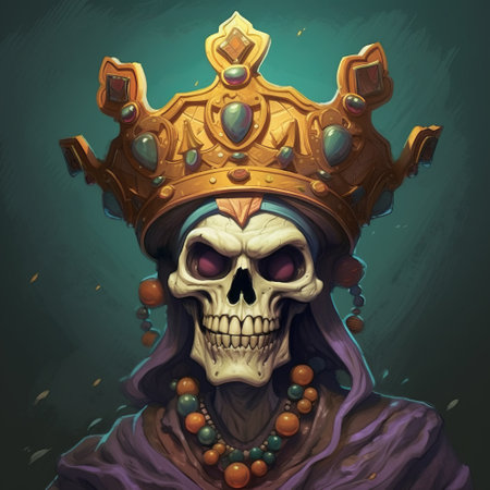 skeleton king wearing a crown depicted in a speedpainting style with hyper-detailed illustrations. the moody colors and gemstone accents add depth to the portraiture iconography. this 2d game art features a cartoon-like character that is both eerie and captivating. ai generatedの素材