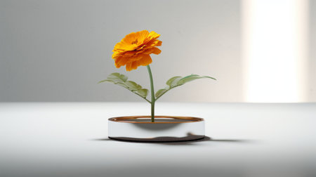 the glass container holds a plant in the style of alastair magnaldo, with a precarious balance of light orange and gold hues. the flower power is evident in this unreal engine 5 creation, captured beautifully by andreas levers, the solarizing master. ai generatedの素材