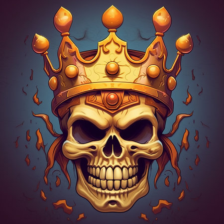 skull with crown - a hyper-detailed illustration by tim shumate, featuring a skull wearing a crown on a dark blue background in the style of 2d game art. the multilayered texture adds depth to the light yellow and light orange colors. this character caricature is reminiscent of the work of ruslan lobanov. ai generatedの素材
