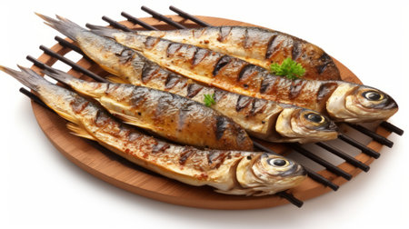 grilled fish arranged on a rustic wooden board, captured in stunning 32k uhd resolution. the repeating pattern of the board adds a touch of aurorapunk style, while the high level of detail is reminiscent of dansaekhwa art. shot on ferrania p30 film, this image exudes a mingei aesthetic. ai generatedの素材