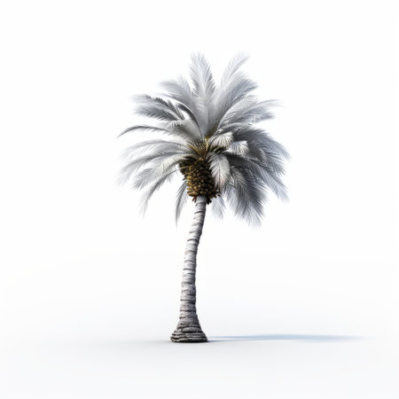 this palm tree 3d model, created in 3ds max, features a photorealistic rendering with a delicate and shallow depth of field. the style is a mix of dark white and light gray, with high contrast, inspired by the works of james paick and wlad safronow. ai generatedの素材