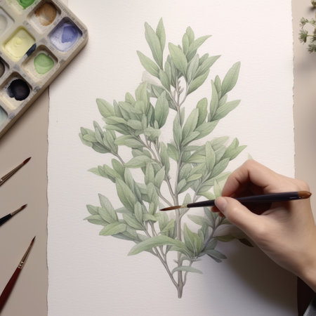 a woman is seen painting an image of a leaf using a pen and watercolor technique. the illustration features light green and dark gray shades, showcasing traditional craftsmanship and meticulous design. the intertwining materials and nature-based patterns add to the overall beauty of the artwork. this stunning piece is available on sketchfab. ai generatedの素材