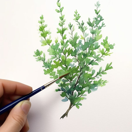 green bay tree watercolor painting tutorial in the style of petros afshar. detailed foliage with heavy use of palette knives. realist detail with an action painter approach. red and green colors used to create a vibrant contrast. step-by-step guide to create a beautiful painting with a white background. ai generatedの素材