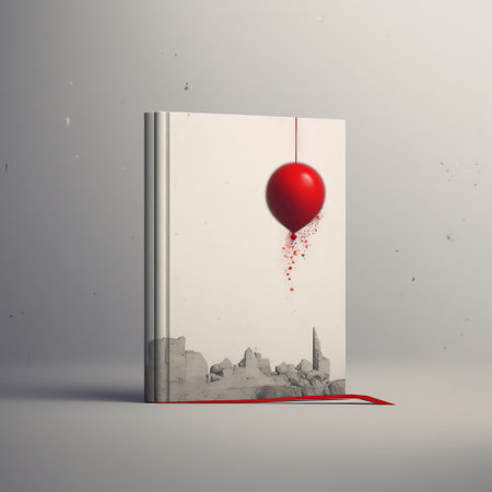 the balloon book, featuring a red and white cover, is captured in a dark and gritty cityscape. a red balloon is tied to the book, adding a pop of color to the minimalist conceptualism of the image. the high level of detail and realistic rendering is achieved through the use of poured, vray, and fragmented icons techniques. ai generatedの素材