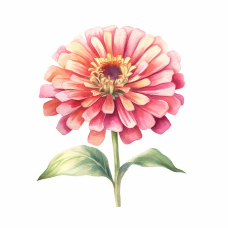a watercolor zinnia flower in vibrant yellow and pink hues is captured in this ultra-high definition image. the realistic details of the flower are highlighted against a white background, in the style of light red and light indigo. this commissioned piece is a part of maranao art's nature-inspired collection, featuring light red and dark emerald tones. ai generatedの素材