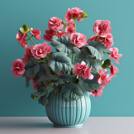a vase filled with realistic hyper-detailed flowers in light cyan and pink colors. this stunning artwork was created using zbrush and captured on film with ferrania p30. the pure colors and highly detailed foliage make this piece a true masterpiece in the mingei style. ai generatedの素材
