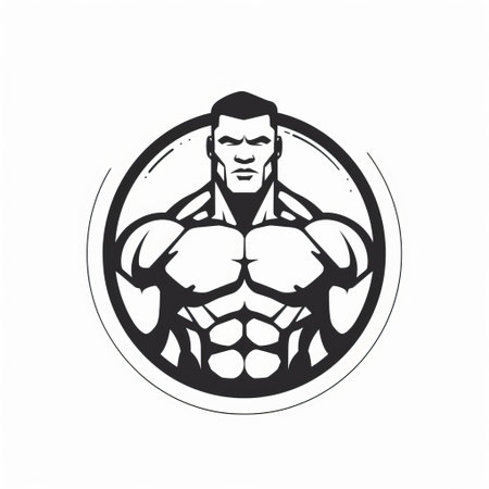 muscular man logo in black and white, with a strong facial expression, in the style of cartoon realism. circular shapes are used to create a high-quality design, with a white background that makes the logo stand out. created by gu hongzhong, this logo is a strong representation of strength and power, with a strong use of color. ai generatedの素材