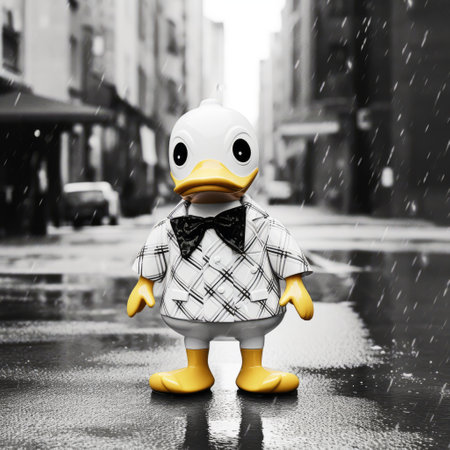 donald duck strolls down a wet sidewalk, holding an umbrella, captured in the style of a toy camera with black and white tones. this unique mashup of styles showcases the handsome porcelain depiction of urban life on furaffinity. ai generatedの素材