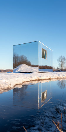 mirrored cabin next to frozen lake in a beautiful and quiet scene. conceptual minimalist sculpture style with realistic blue skies. capturing suburban ennui in the dusseldorf school of photography tradition. large-scale public art in contemporary canadian art. ai generatedの素材