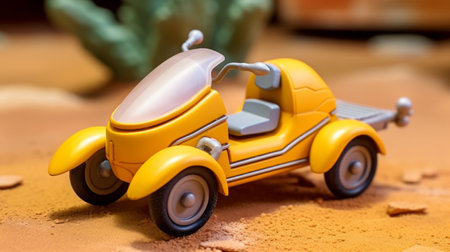 toy car with open wheeler rides through dusty desert environment. adorable manga-inspired sculptures in dark yellow and light silver with bright glazes. close-up intensity captured by canon af35m. perfect for fans of desertwave. ai generatedの素材