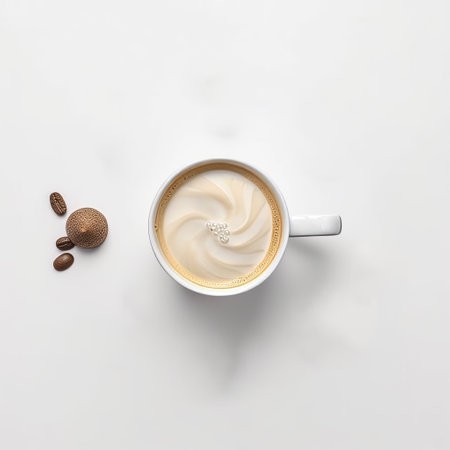 a still life photograph featuring a cup of coffee, coffee beans, chocolate, and a pen. the image is styled after alastair magnaldo and incorporates elements of minimalistic japanese design, mushroomcore, sculpted art, molecular art, and carsten holler. the color scheme is light white and beige. ai generatedの素材