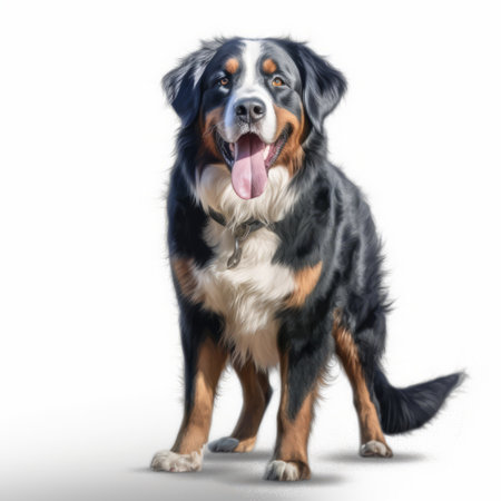 bernese mountain dog standing in photorealistic rendering with brushstroke-intensive portraits and photo-realistic techniques. this uhd image showcases detailed character illustrations with rtx and watercolor illustrations. ai generatedの素材