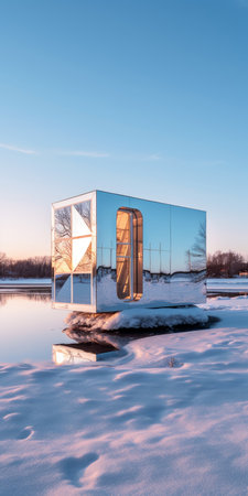 a frog-shaped container floats on a serene body of water, surrounded by a contemporary scandinavian mirror room. the modular construction is highlighted by the golden light, captured perfectly by the tokina at-x 11-16mm f/2.8 pro dx ii lens. this unique design by architects is a stunning example of modern art. ai generatedの素材
