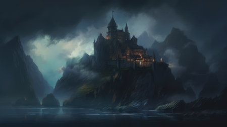 castle art with a lit turret, perfect for wallpapers. this image showcases layered and atmospheric landscapes with moody tonalism. the detailed marine views and mountainous vistas are depicted with a dark palette, giving it a speedpainting effect. the whistlerian style adds to the overall charm of the castle. ai generatedの素材