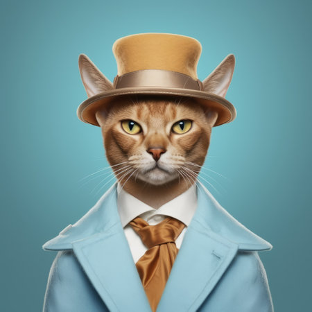 cat wearing a top hat and tie poses on a blue background in an elegant style. the digitally manipulated image features light turquoise and light brown colors. the portrait has a city and western-style vibe, with a touch of masculinity. perfect for duckcore enthusiasts. ai generatedの素材