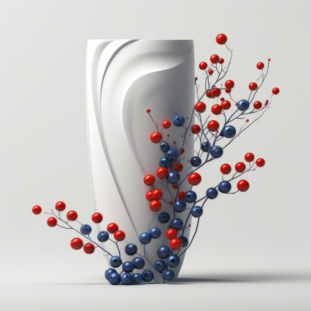 white vase adorned with red, blue, and white berries, showcasing an elegant and abstract minimalistic composition. the design is inspired by the asymmetric and symmetric compositions of zbrush, with a touch of marble texture. created by the renowned artist wlad safronow, this piece is a perfect example of his unique and sophisticated style. ai generatedの素材