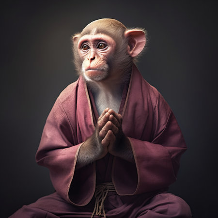 monkey doing yoga in a robe, captured in a realistic and emotive portrait by lorenz hideyoshi. the contemporary photography style is influenced by dramatic and somber religious works, with a precisionism influence. the light brown and magenta color scheme is achieved through traditional techniques. ai generatedの素材