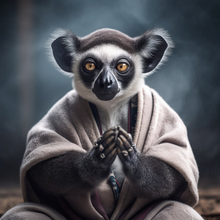 ring-tailed tiger lemur, captured in a contemporary realist portrait style by sacha goldberger, sits on the ground in a robe. the photograph is influenced by zen buddhism and hayao miyazaki, and showcases emotional gestures. shot in 8k resolution by dariusz zawadzki. ai generatedの素材