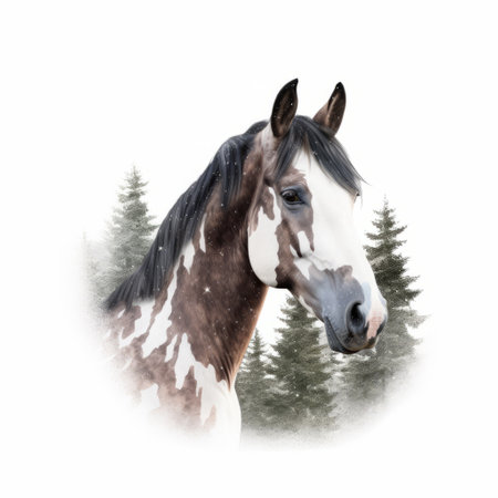 a digital illustration of a horse standing in front of trees, captured with a nikon d850 camera. the painting features western-style portraits with delicate watercolor strokes in dark crimson and gray hues. the white background enhances the beauty of the 32k uhd image. ai generatedの素材