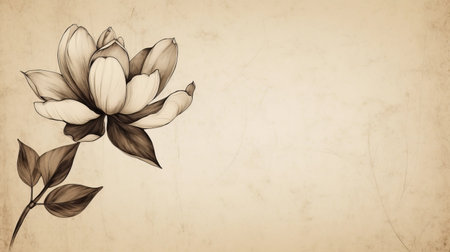 this is a stunning black and white image of a flower with leaves on old paper, in the style of sketchfab and charming illustrations. the image is influenced by ancient chinese art and features dark brown and light brown hues. the flower is a hannah flower and the image is available in ultra-high definition, making it perfect for use as wallpaper. ai generatedの素材