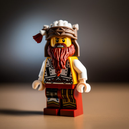 lego character in costume, styled after laowa 100mm f28 2x ultra macro apo, sits on a table. the religious symbolism and phoenician art in white and brown hues add depth to the image. the high-quality photo is reminiscent of joachim patinir's work. the piratepunk vibe adds a unique twist to the overall aesthetic. ai generatedの素材