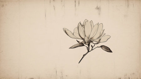 flower drawing illustration by tamotsu shinohara, featuring a vintage sepia-toned photography style. the minimalist background and clean, sharp inking create a matte photo effect, perfect for use as wallpaper. this uhd image showcases the intricate details of the flower, making it a stunning addition to any design project. ai generatedの素材
