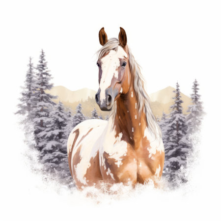 horse with flowing mane and tail captured in a watercolor style illustration. the snow scene background is a smokey light brown and white, creating a cabincore vibe. this uhd image showcases vibrant color combinations, making the horse stand out. ai generatedの素材