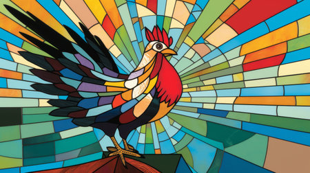 the stained glass rooster illustration is a stunning example of reimagined religious art. bold graphic illustrations, bold colors, and mosaic-like collages come together to create a precise perspective that is reminiscent of storybook illustrations. the precisionist approach to this piece is evident in the marks and attention to detail. ai generatedの素材