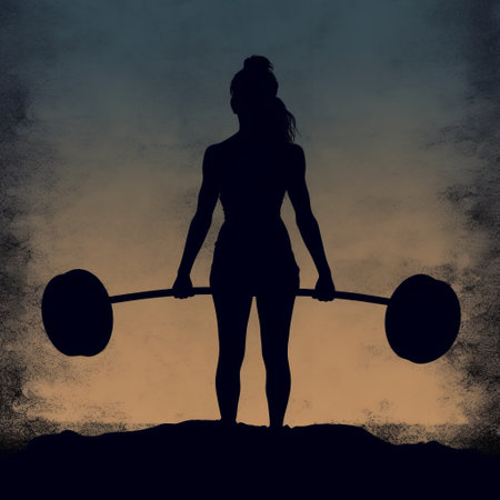 a lady carrying a barbell in sunset, depicted in a digital painting and drawing style. the silhouette is dark and gritty, with a strong facial expression. the frontal perspective and symmetrical balance add to the gigantic scale of the image. the dark teal and dark sky-blue colors create a moody atmosphere. ai generatedの素材