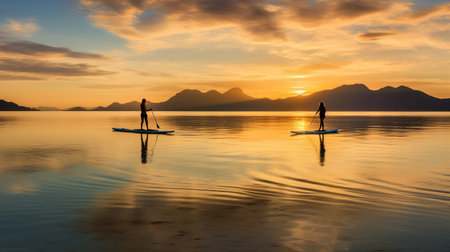 two individuals enjoy paddle boarding in front of a stunning mountain during sunset, reminiscent of scottish landscapes. the photo captures symmetry and balance, with the hinchel or color palette of light amber and gold adding to the impressive panorama. this national geographic photo showcases the beauty of seaside scenes. ai generatedの素材