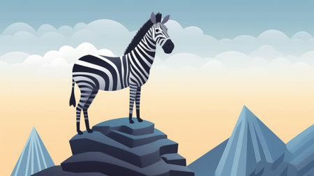 a zebra stands beside the mountains in a flat vector style with multidimensional layers. the high-angle shot showcases a light sky-blue and dark gray background, adding to the mysterious jungle vibe. the zebra's horizontal stripes and bold character design make it stand out, while the escher-inspired style adds a unique touch. ai generatedの素材