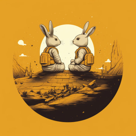 two bunnies sitting in the desert near a moon, depicted in a street art style with detailed character illustrations. the drawing features dark beige and yellow tones, reflections and mirroring effects, and elements of adventure pulp. symmetry and balance are prominent in this captivating illustration. ai generatedの素材