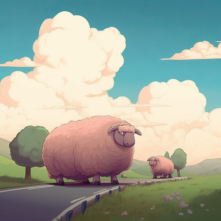 the sheep in this post-internet art piece by nicolas bruno is depicted walking down a rural road. the realistic landscape is rendered in soft, tonal colors with soft gradients, while the bold, manga-inspired sheep is depicted in pink and amber. the gigantic scale of the sheep adds to the surreal nature of the piece. ai generatedの素材
