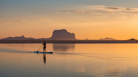 paddleboarder glides down canal amidst stunning desertwave landscape. luminous sfumato hues of light pink and amber cast a majestic glow over the sweeping seascape. idealized native americans would have appreciated the beauty of this scene captured through the steinheil quinon 55mm f19 lens. ai generatedの素材