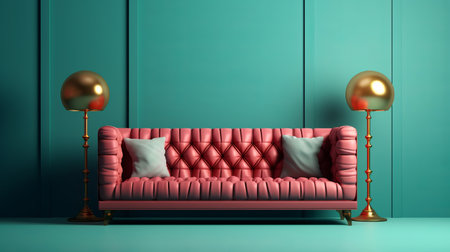 a leather couch sits in a blue living room, featuring a dark pink and light green color scheme. the realistic hyper-detailed rendering adds offbeat whimsy to the space. the light emerald and crimson accents stand out against the minimalist backgrounds, creating a symmetrical design. the pink and crimson hues further enhance the overall aesthetic. ai generatedの素材