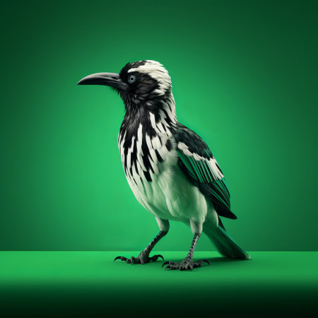 bird perched on green-striped legs in a digitally manipulated, black and white style. minimal retouching highlights the taxidermy subject, rendered in cinema4d. clever wit is evident in the emerald and black color scheme. ai generatedの素材