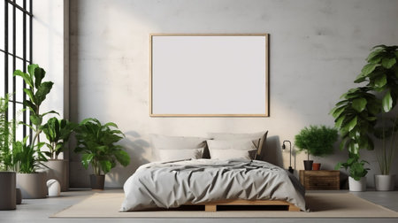 loft bedroom featuring a bed and wall-mounted plants, designed with a canvas texture emphasis and minimalist backgrounds in light gray and light bronze. the room is framed with concrete and clean-lined decor, inspired by the works of artist thomas moran. ai generatedの素材