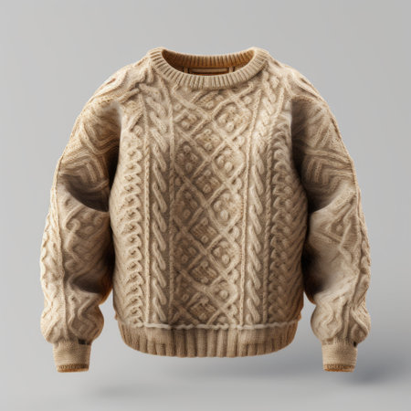 a ribbed brown sweater, featuring photorealistic renderings of celtic knotwork, rendered in unreal engine. the sweater showcases a combination of light beige and indigo colors, reminiscent of the western zhou dynasty. this design evokes a sense of childhood arcadias from the late 19th century. ai generatedの素材