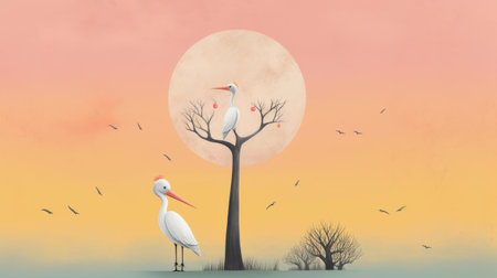 two birds perched on a tree branch in an empty lot, depicted in a dreamlike style reminiscent of filippo brunelleschi's work. the light white and light orange hues add a romantic touch to this characterful animal portrait, perfect for use in 2d game art or as an illustration. ai generatedの素材